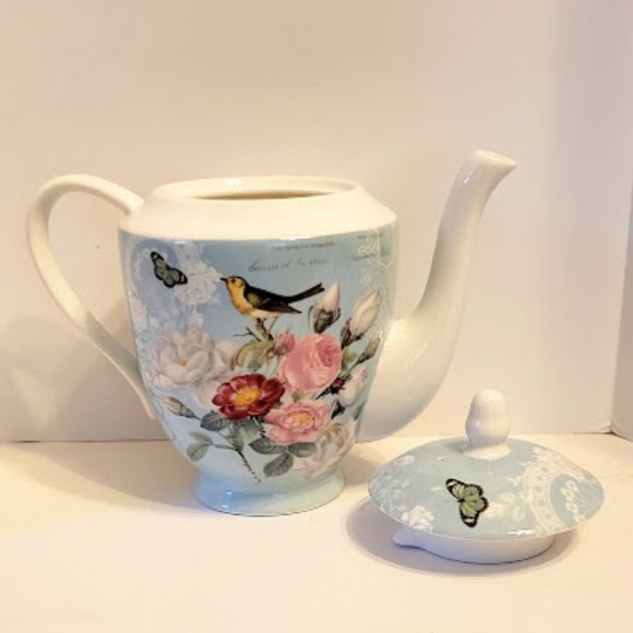 Stechcol Gracie Tea Pot with Roses, Butterflies, and a Bird in Blue - Picture 3 of 7